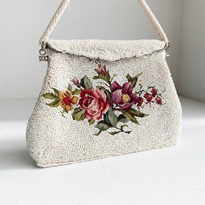 Vintage 1940s fully beaded floral Crosstich Wedding Special  Occasion Purse
